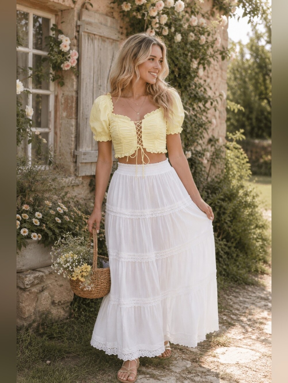 Mable Puff Sleeve Lace-up Crop Top in Yellow Coquette Feminine Summer Women's L